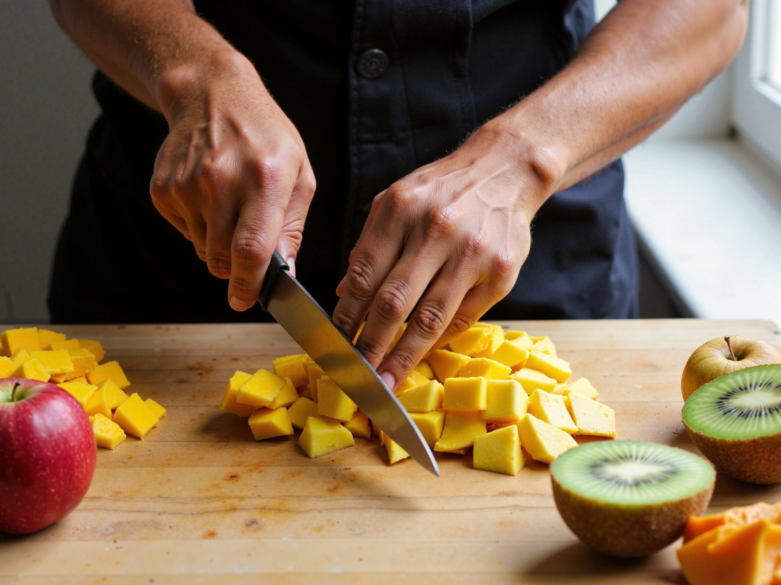 Chef’s hands cutting fresh fruits on a wooden cutting board in the kitchen with a professional kitchen knife.